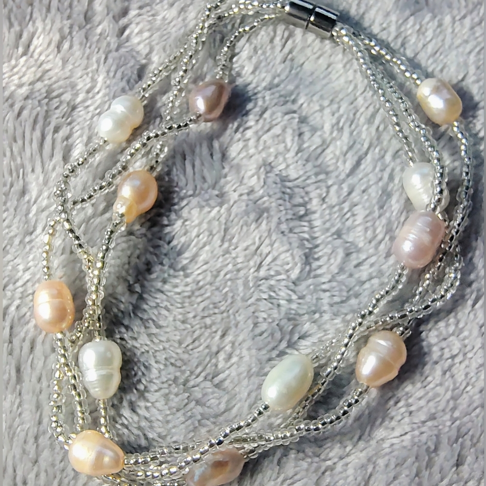 Multi-Strand Braided Pearl and Silver Bracelet